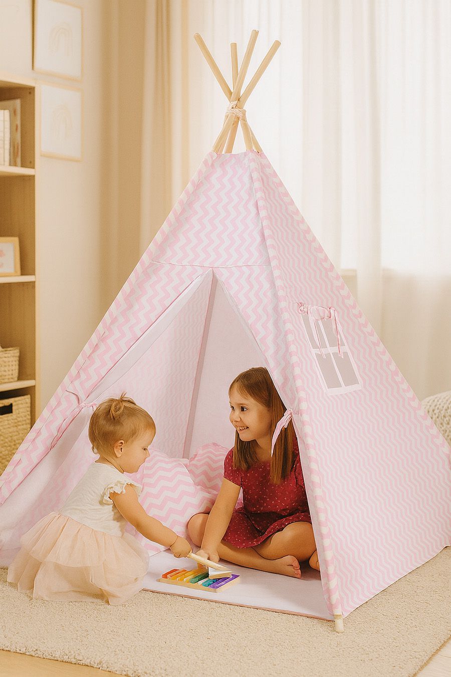 Teepee tent for kids +play mat + decorative feathers - Chevron pink