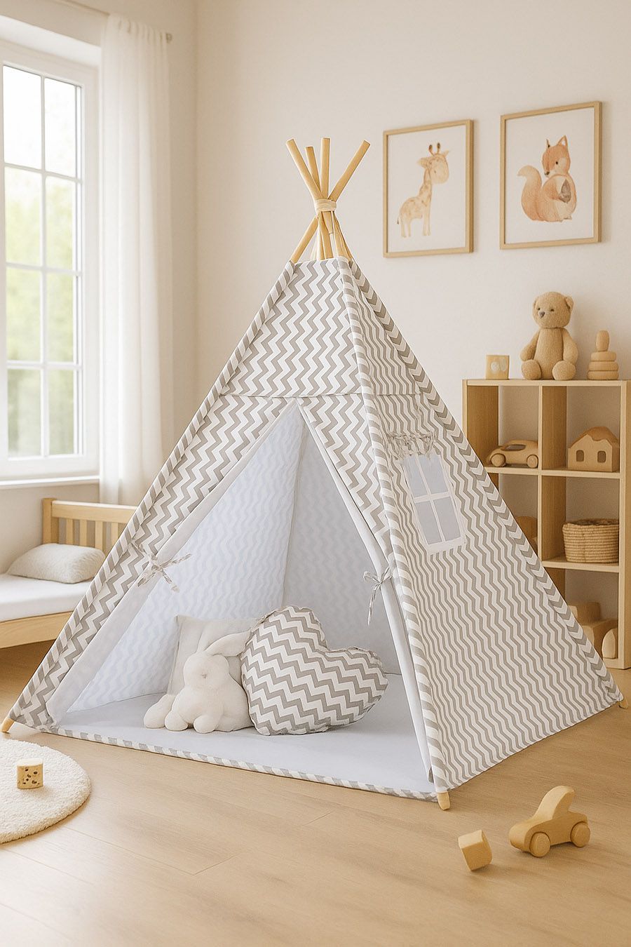 Teepee tent for kids + playmat + pillows + decorative feathers - Chevron grey