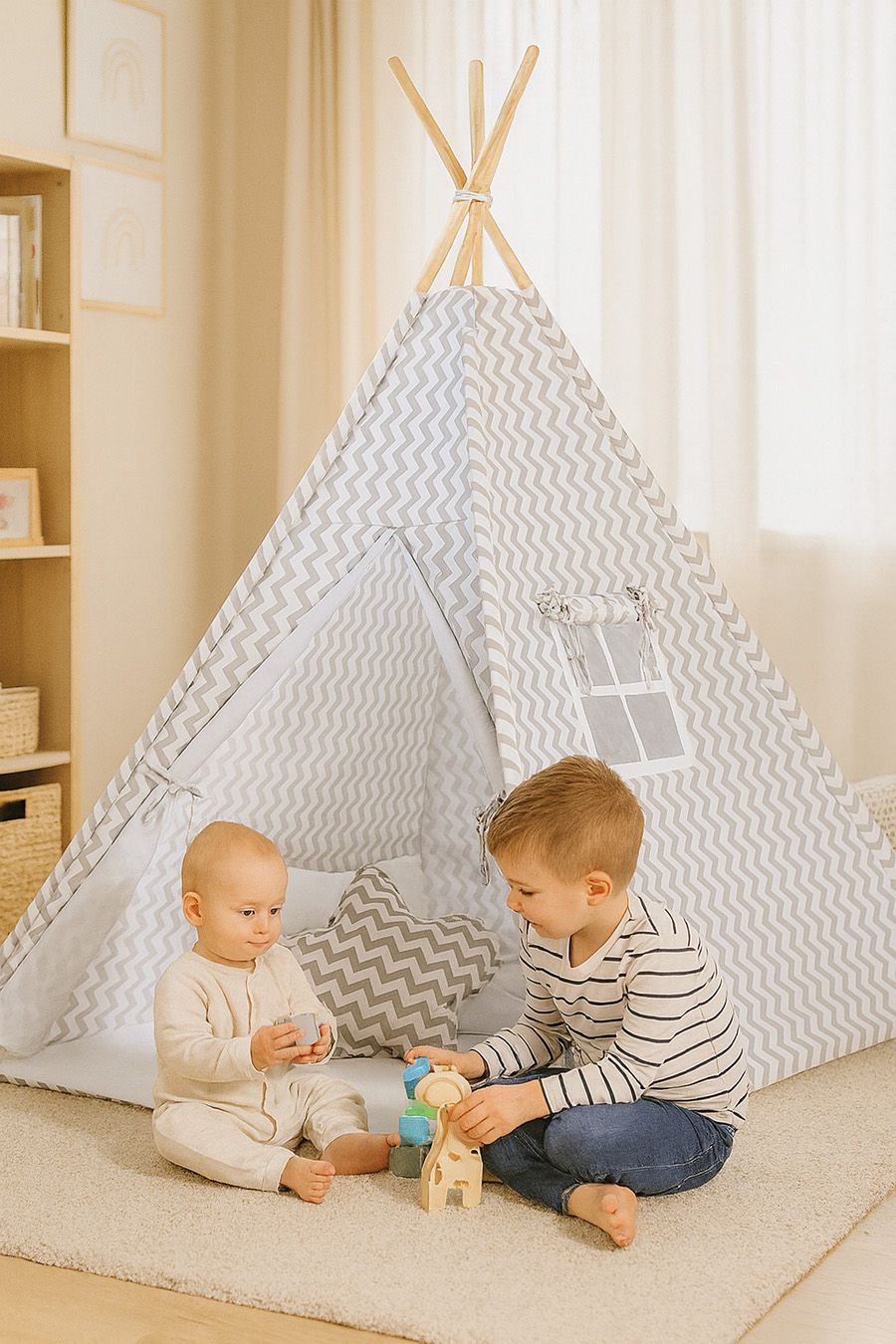 Teepee tent for kids + playmat + pillows + decorative feathers - Chevron grey
