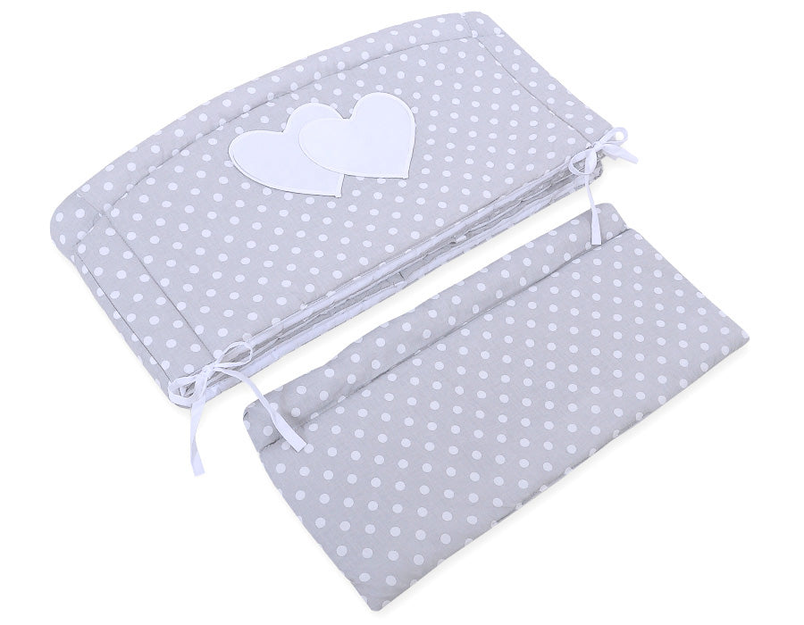 Universal crib rail bumper XXL - Hearts white dots on grey