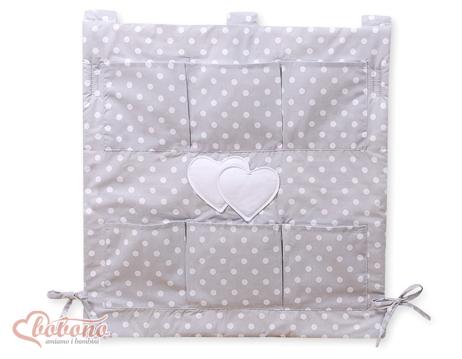Cot tidy- Hanging Hearts white dots on grey