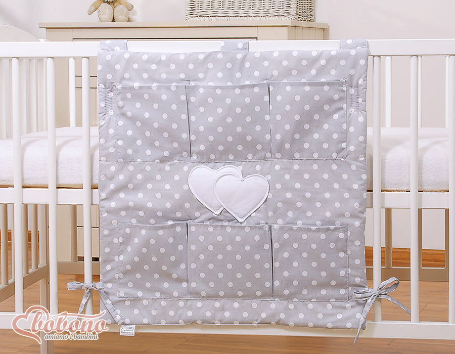 Cot tidy- Hanging Hearts white dots on grey