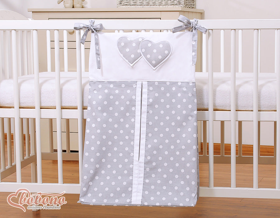 Diaper bag- Hanging Hearts white dots on grey