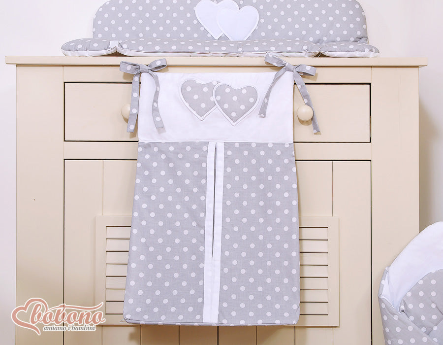 Diaper bag- Hanging Hearts white dots on grey