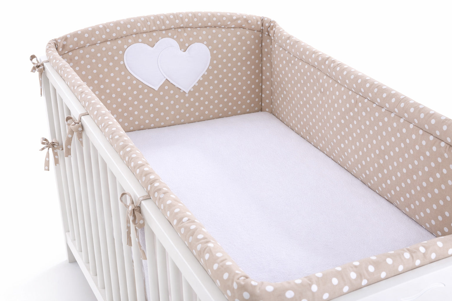 Universal crib rail bumper XXL - Hearts white dots on brown