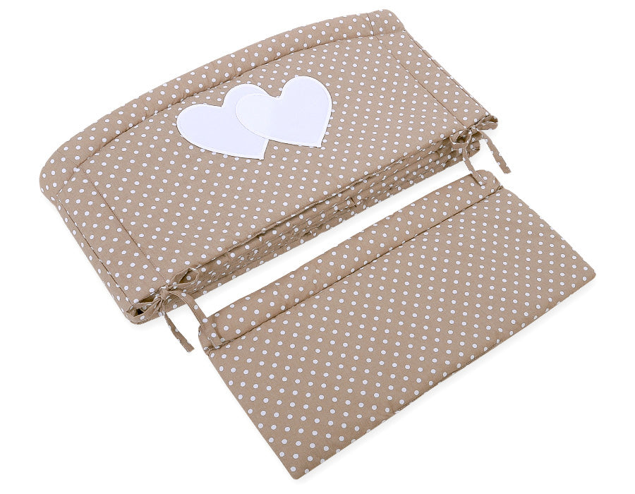 Universal crib rail bumper XXL - Hearts white dots on brown