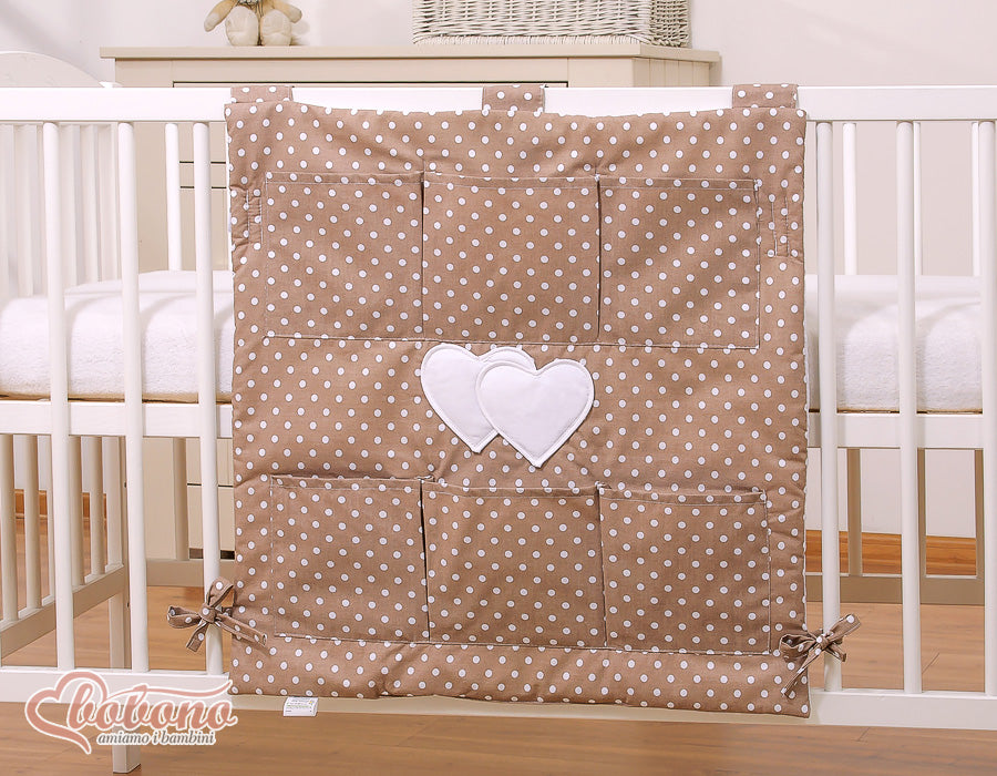 Cot tidy- Hanging Hearts white dots on brown