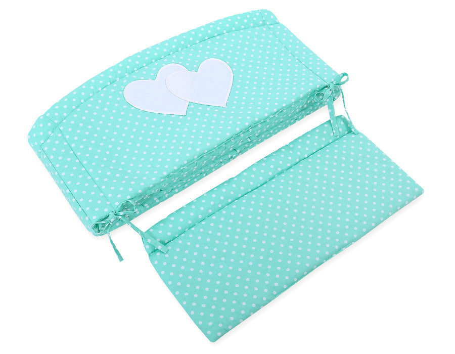 Universal crib rail bumper XXL - Hearts white dots on mint