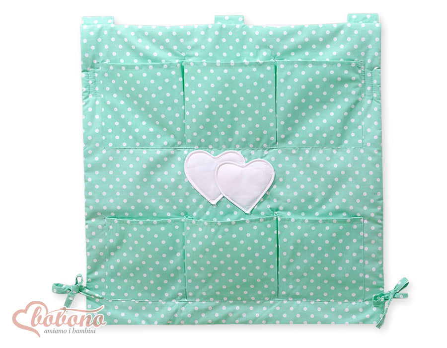 Cot tidy- Hanging Hearts white dots on mint