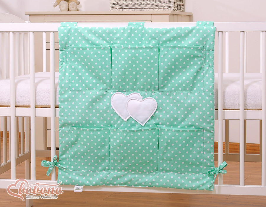 Cot tidy- Hanging Hearts white dots on mint