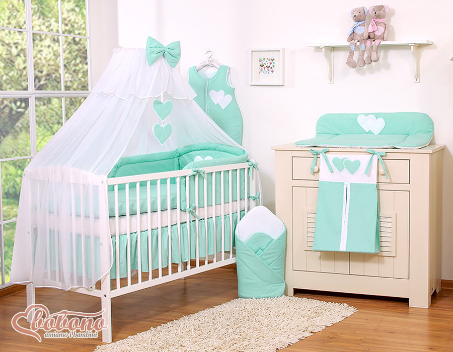 Large mosquito net for baby's bed made of white chiffon with hanging hearts and a bow - mint hangers