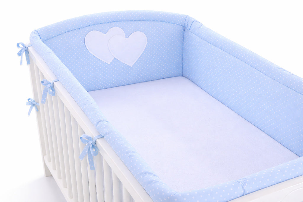 Universal crib rail bumper XXL - Hearts white polka dots on blue