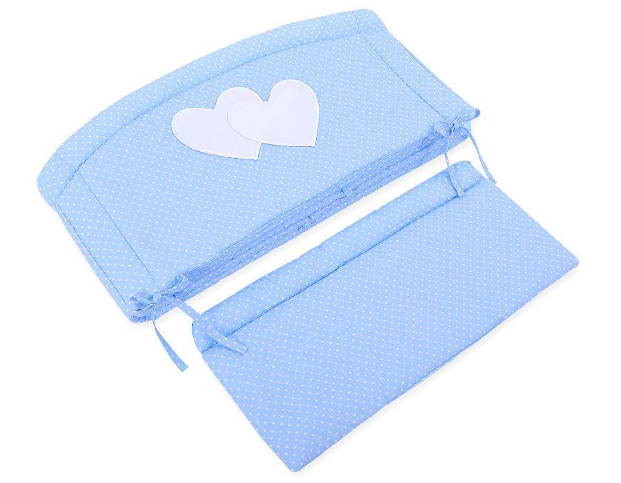 Universal crib rail bumper XXL - Hearts white polka dots on blue