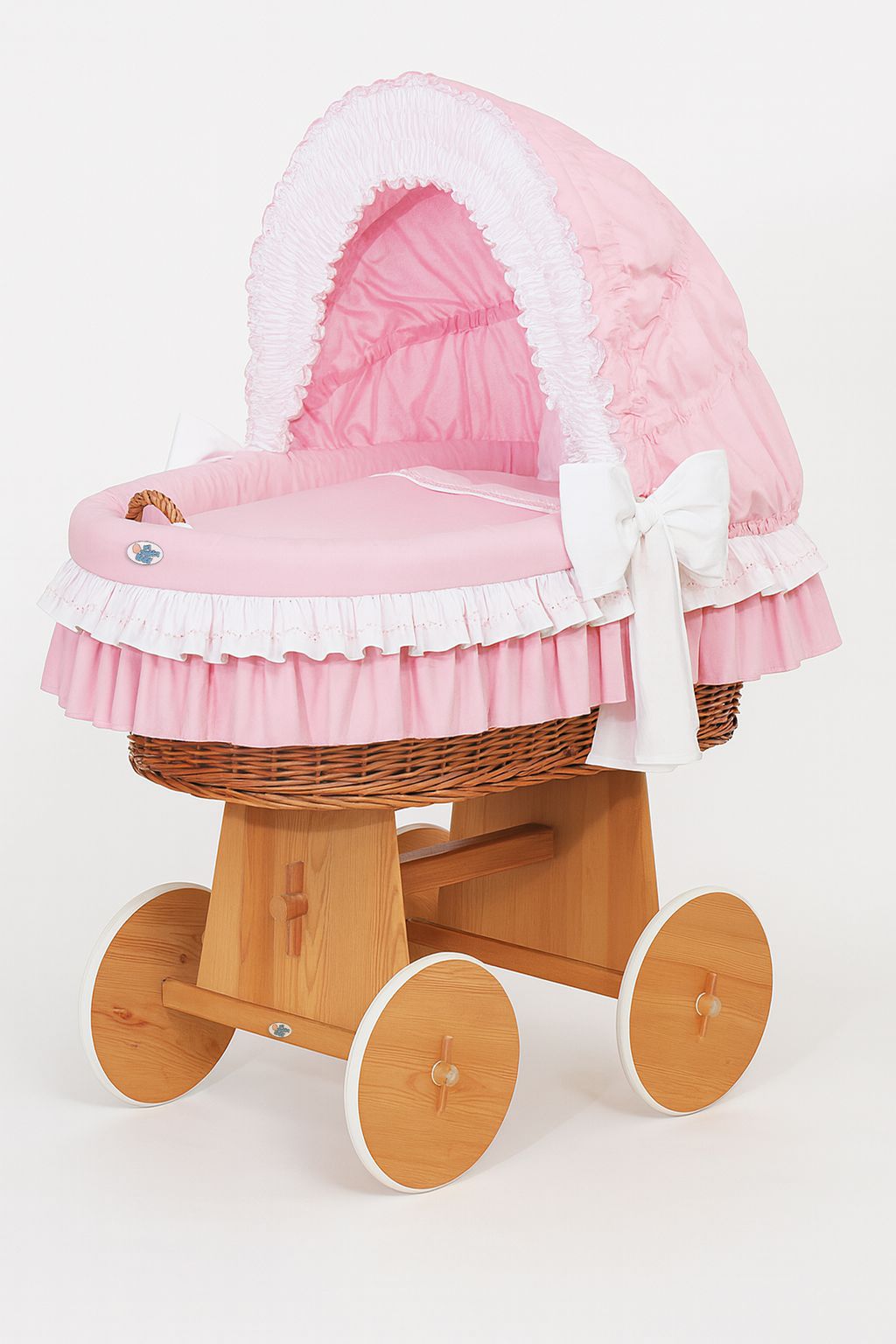 Moses Basket Wicker hood crib Bellamy - natural + pink bedding
