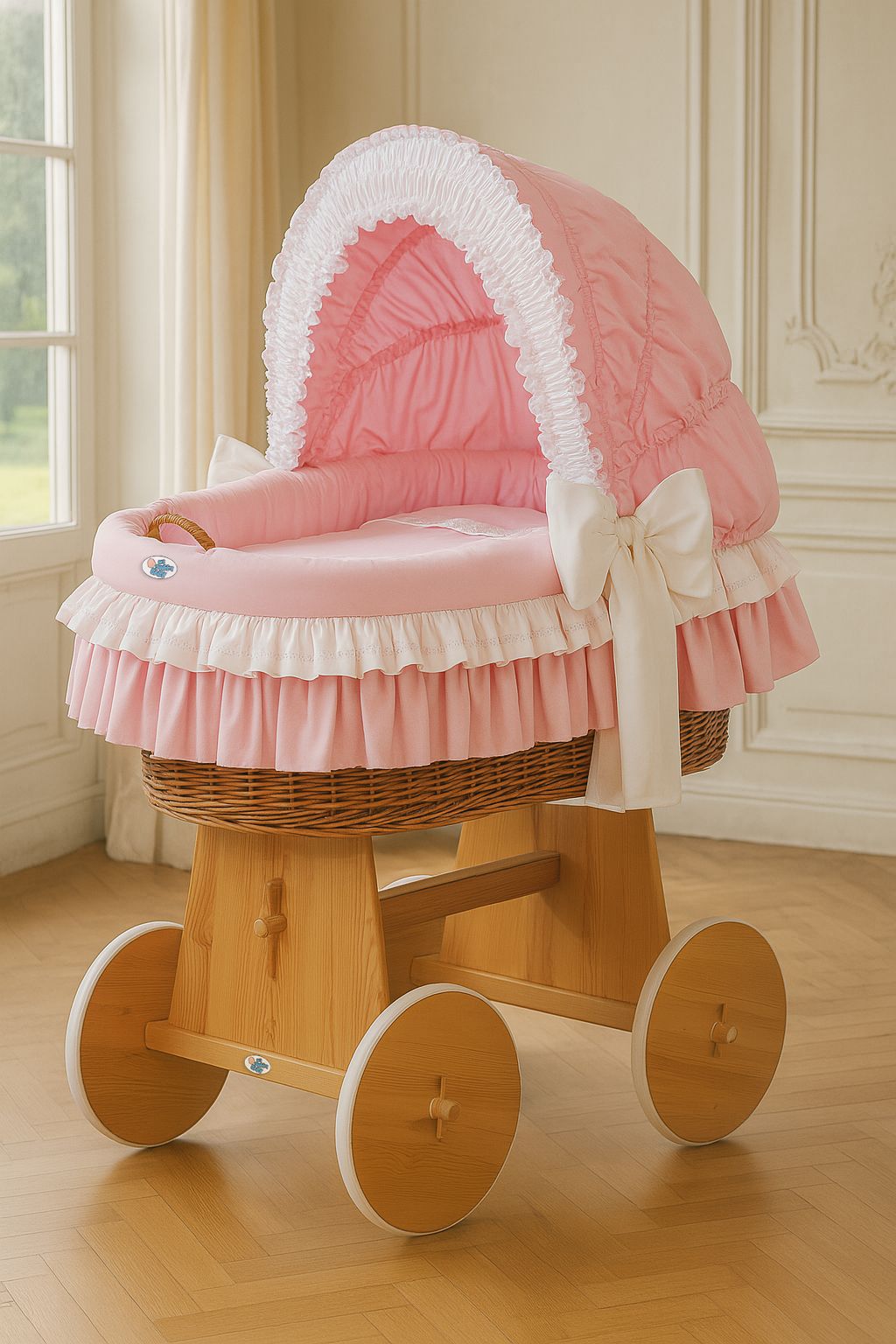 Moses Basket Wicker hood crib Bellamy - natural + pink bedding