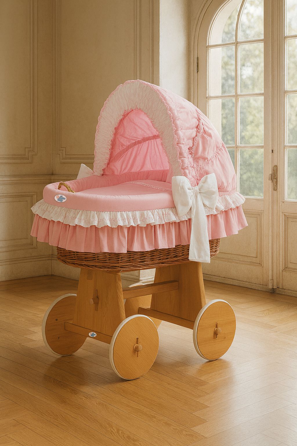 Moses Basket Wicker hood crib Bellamy - natural + pink bedding