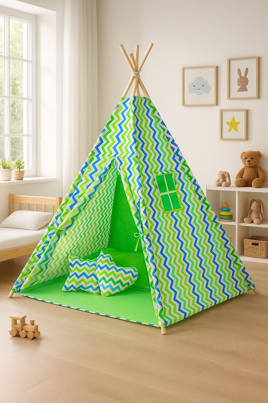 Teepee tent for kids + decorative feathers - Chevron green-blue