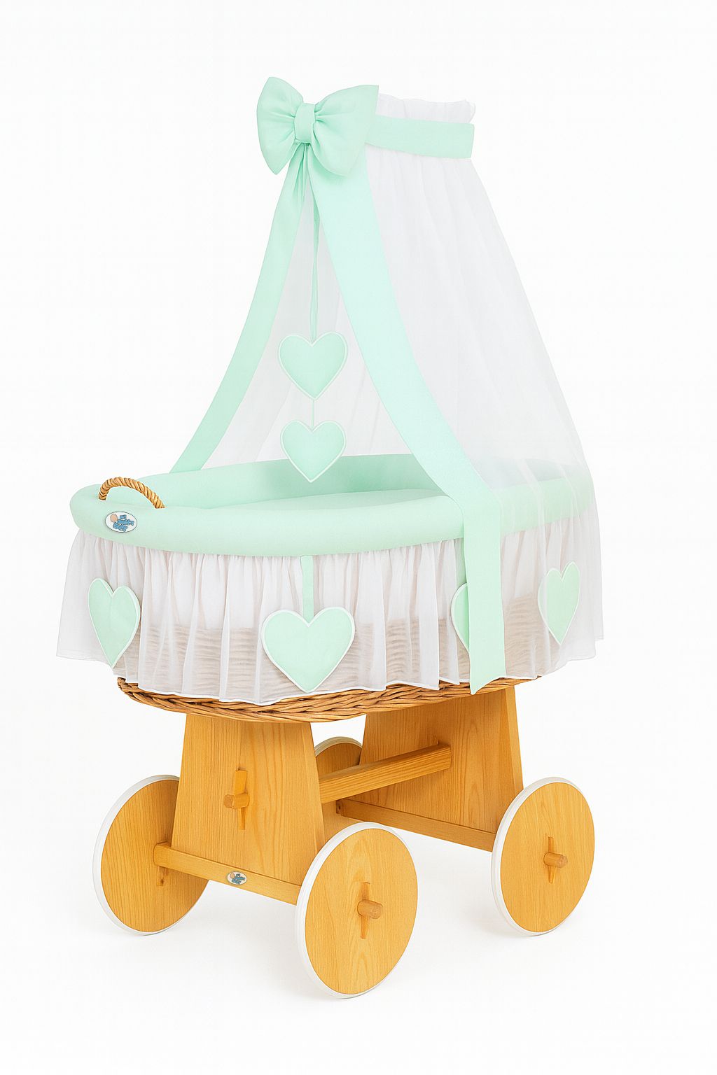 Moses Basket Wicker drape crib Amelie - natural + mint bedding