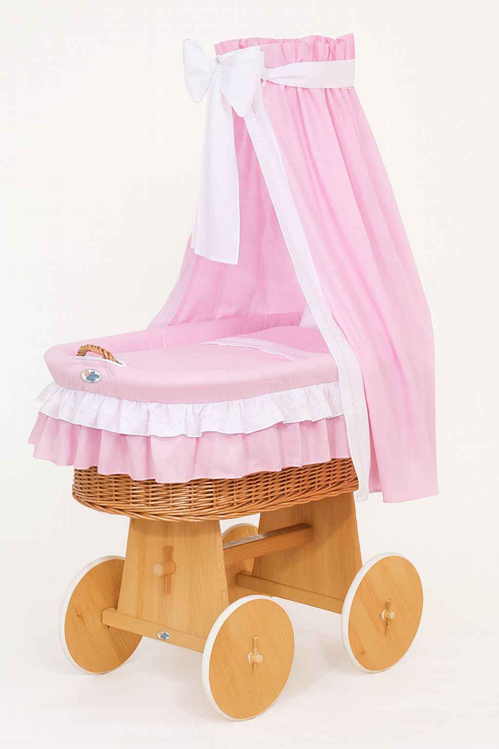 Moses Basket Wicker drape crib Bellamy - natural + pink bedding