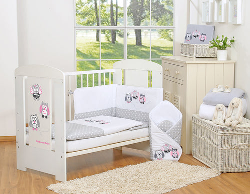 Baby bedding set 135x100 cm with bumper 3-pcs Grey Owls with grey and pink embroidery