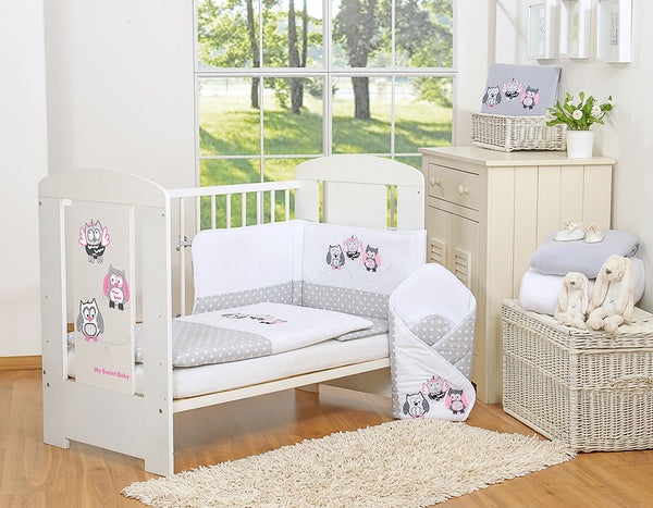 Baby bedding set 135x100 cm with bumper 3-pcs Grey Owls with grey and pink embroidery