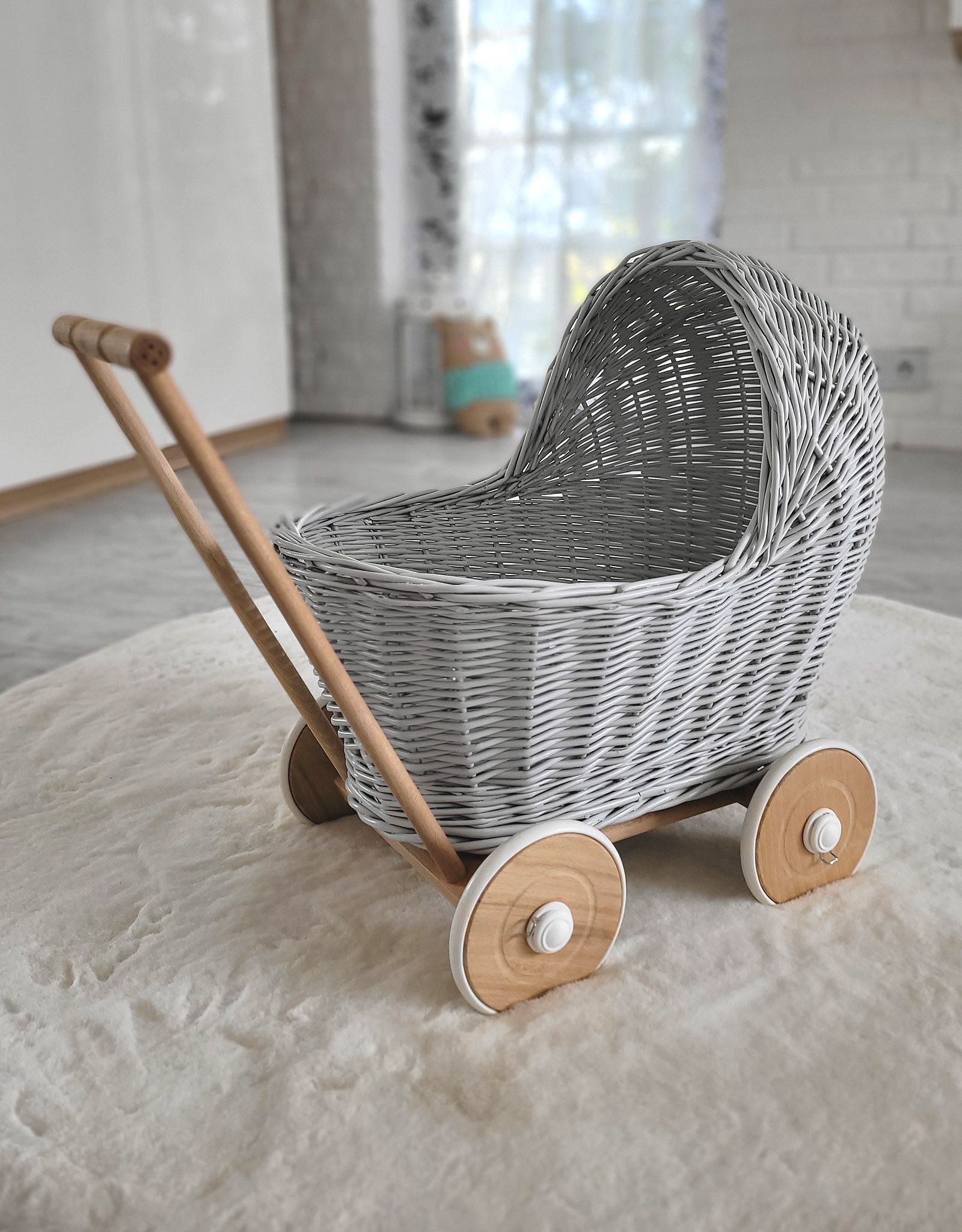 Wicker doll pushchair - grey