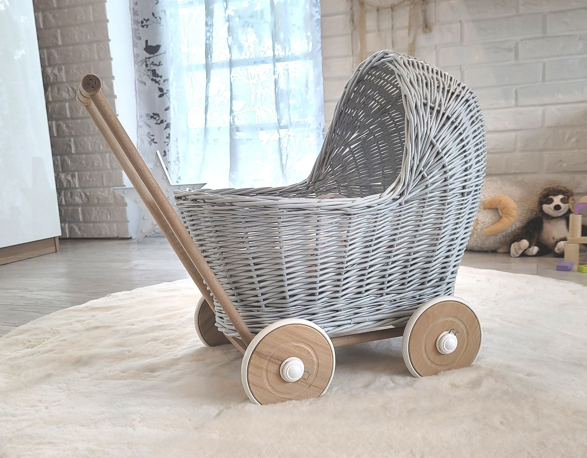 Wicker doll pushchair - grey