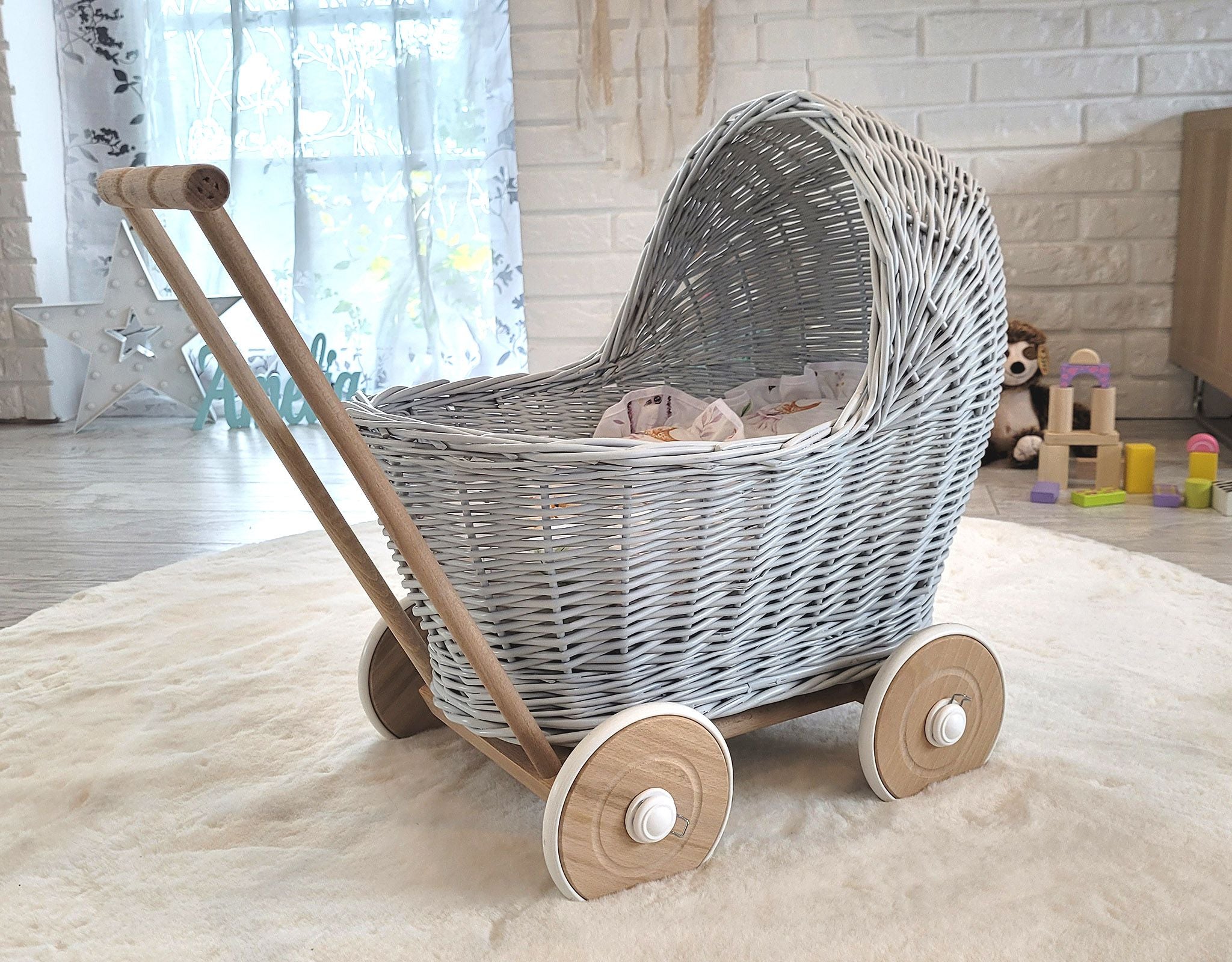 Wicker doll pushchair - grey