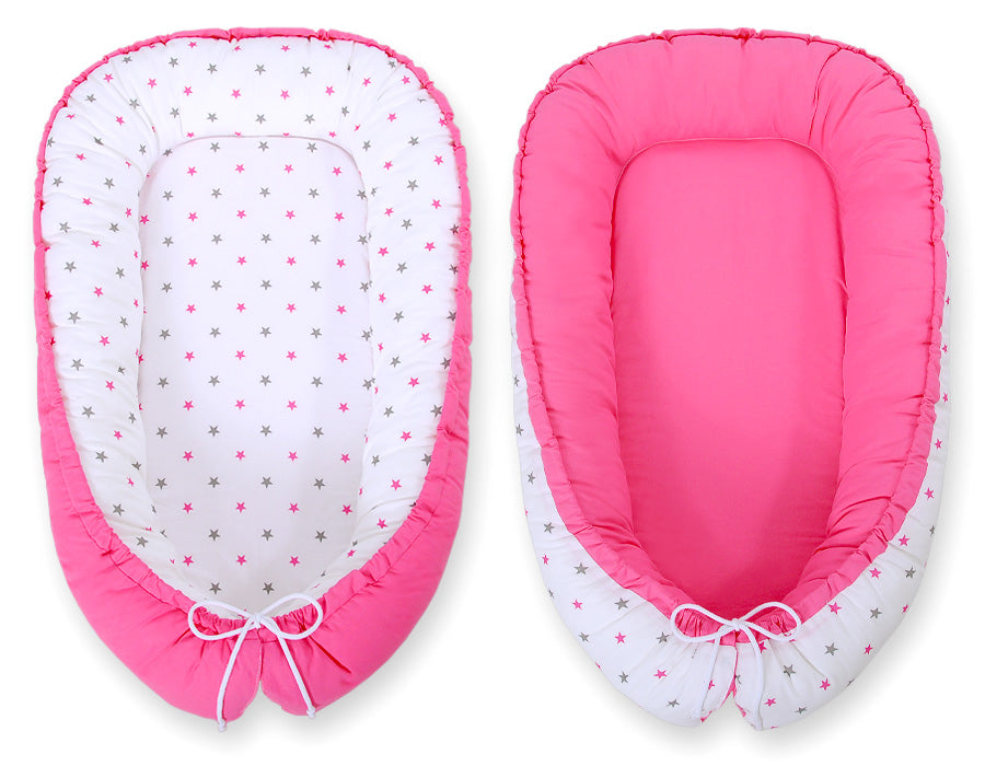 Baby nest double-sided Premium Cocoon for infants BOBONO- stars grey-pink/ pink