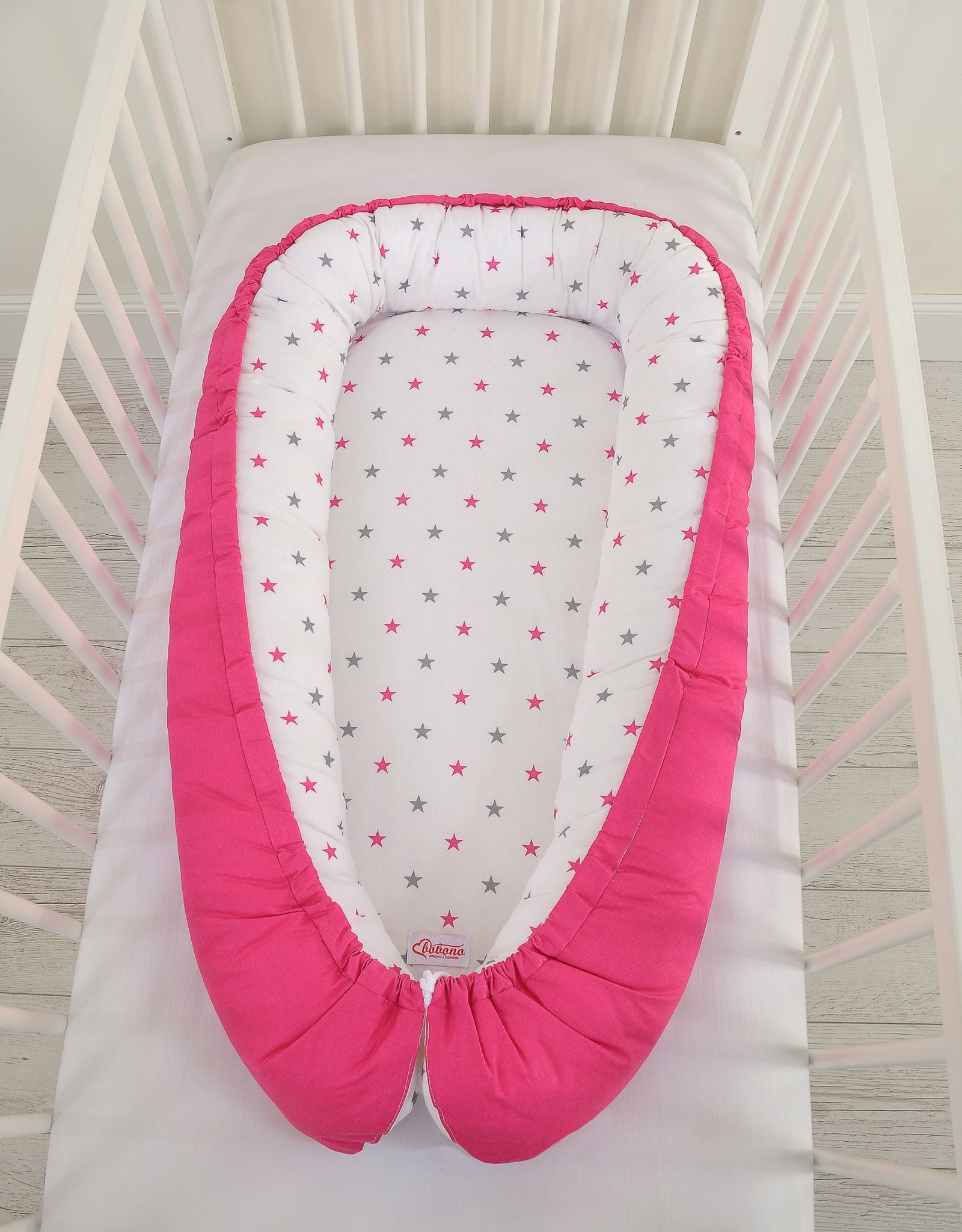Baby nest double-sided Premium Cocoon for infants BOBONO- stars grey-pink/ pink
