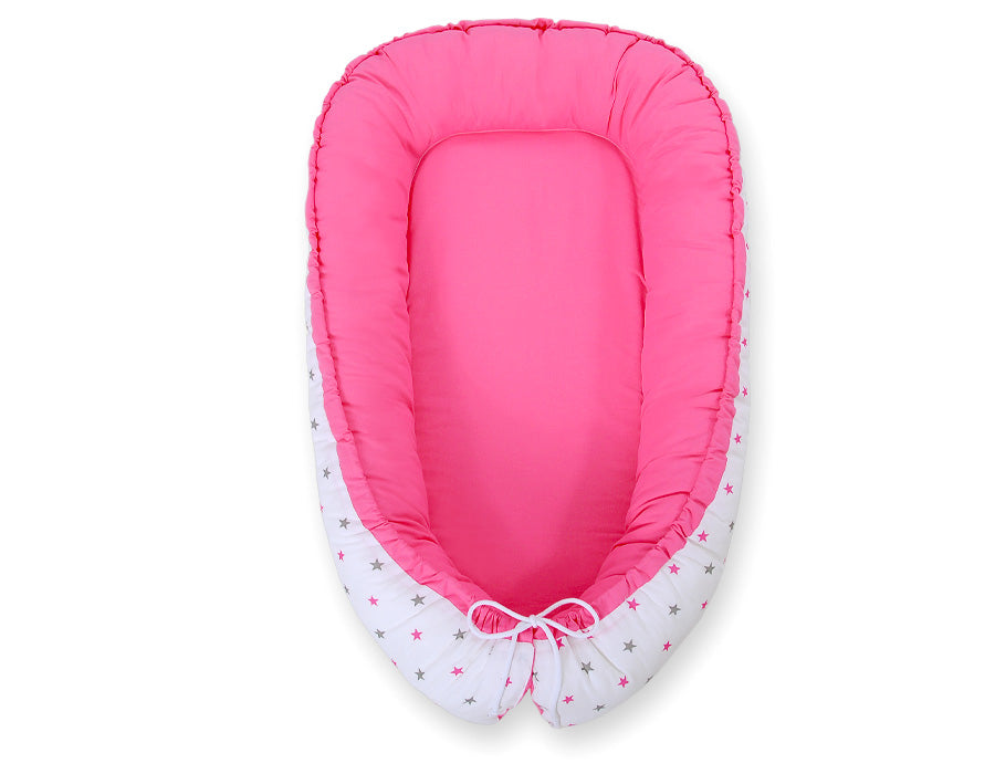 Baby nest double-sided Premium Cocoon for infants BOBONO- stars grey-pink/ pink