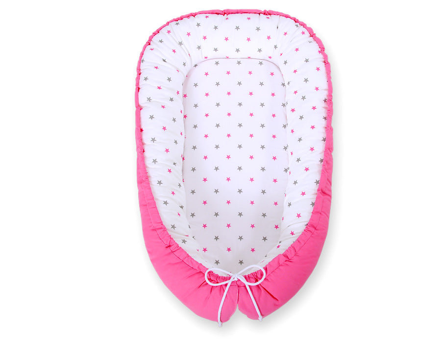 Baby nest double-sided Premium Cocoon for infants BOBONO- stars grey-pink/ pink
