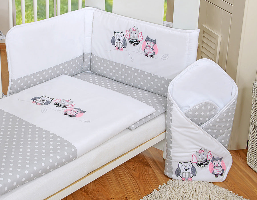 Baby bedding set 135x100 cm with bumper 3-pcs Grey Owls with grey and pink embroidery