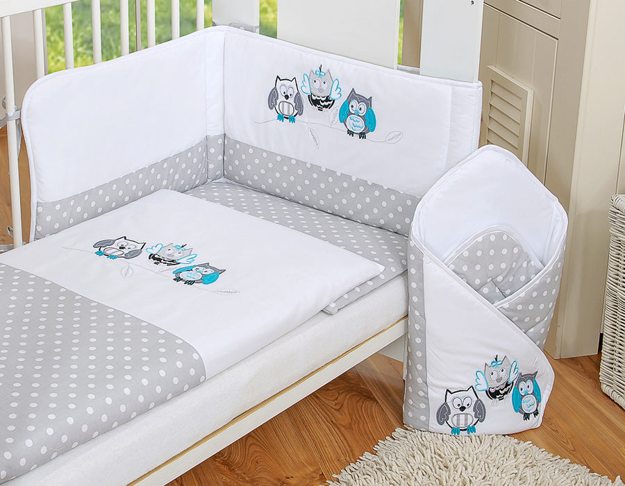 Baby bedding set 135x100 cm with bumper 3-pcs Grey Owls with grey and turquoise embroidery