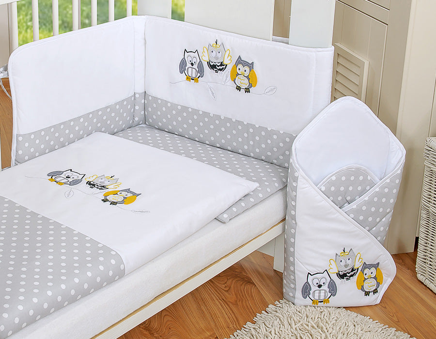 Baby bedding set 120x90 cm with bumper 3-pcs Grey owls with grey and yellow embroidery