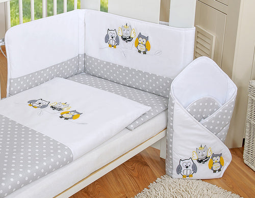 Baby bedding set 120x90 cm with bumper 3-pcs Grey owls with grey and yellow embroidery