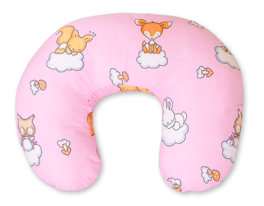 Breastfeeding Pillow Nursing Croissant Pillow, removable, Hands-Free Feeding- Forest animals pink