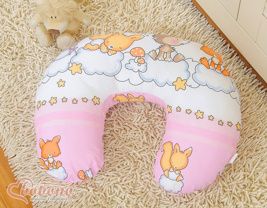 Breastfeeding Pillow Nursing Croissant Pillow, removable, Hands-Free Feeding- Forest animals pink