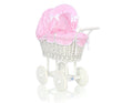 Wicker dolls' pram with pink bedding and padding - white