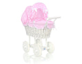 Wicker dolls' pram with pink bedding and padding - white