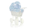 Wicker dolls' pram with blue bedding and padding - white