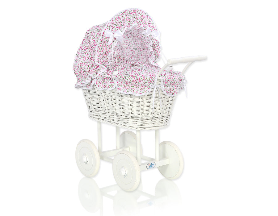 Wicker dolls' pram with pink bedding and padding - white