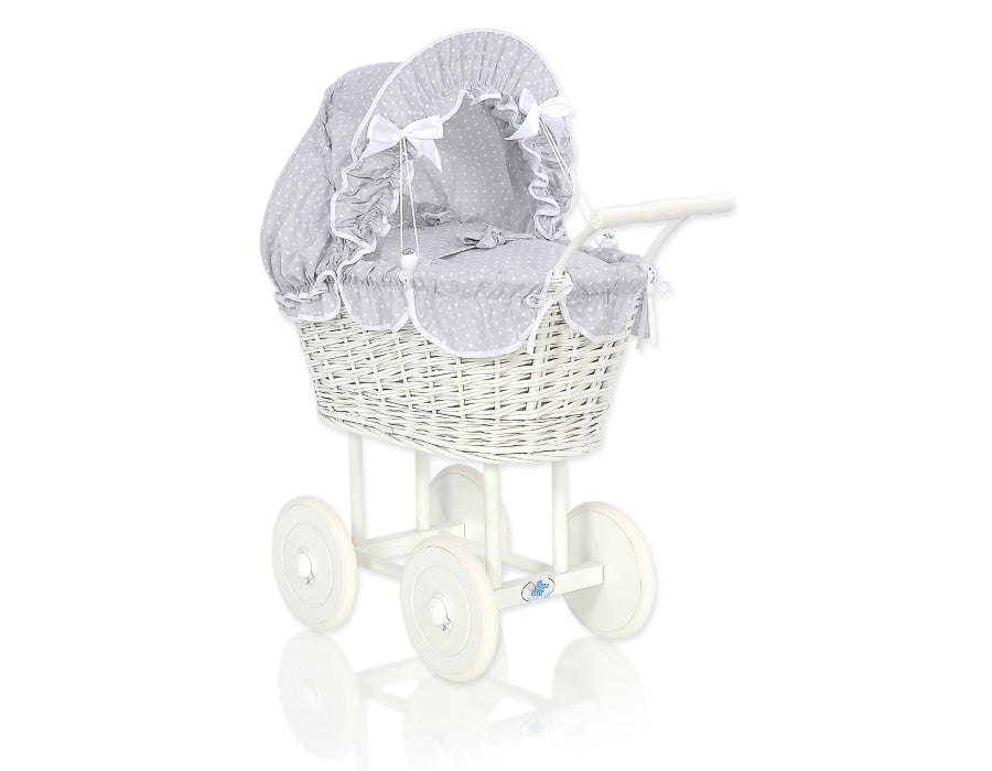 Wicker dolls' pram with grey bedding and padding - white