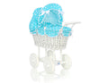 Wicker dolls' pram with turquoise bedding and padding - white