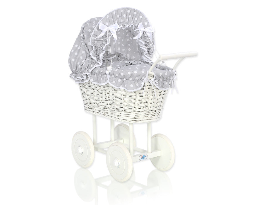 Wicker dolls' pram with grey bedding and padding - white
