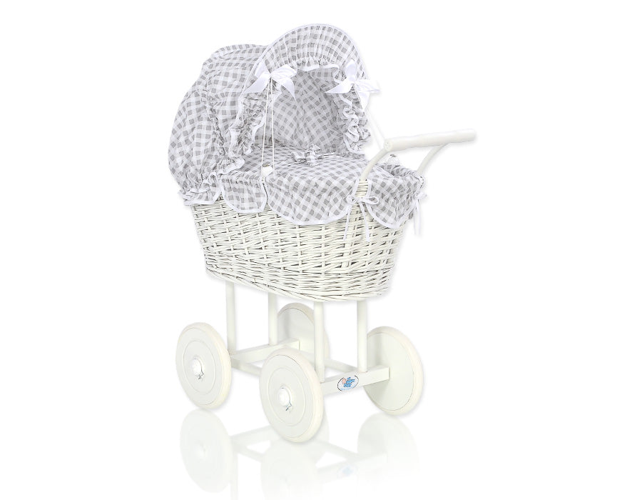 Wicker dolls' pram with grey bedding and padding - white