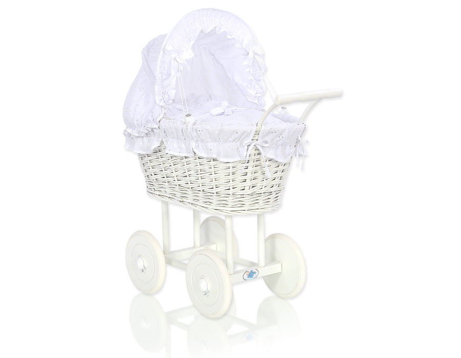 Wicker dolls' pram with white bedding and padding - white