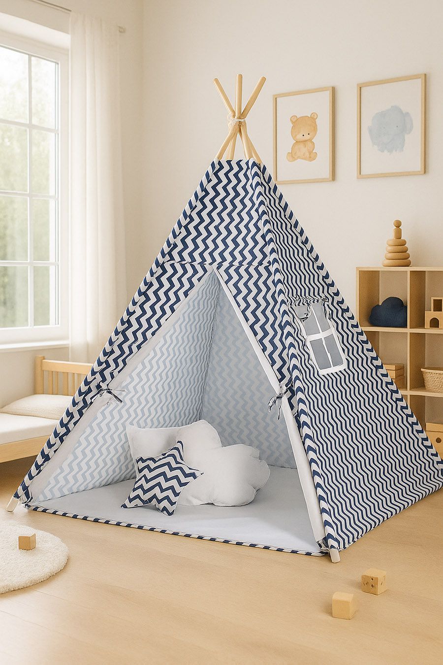 Teepee tent for kids + decorative feathers - Chevron navy blue