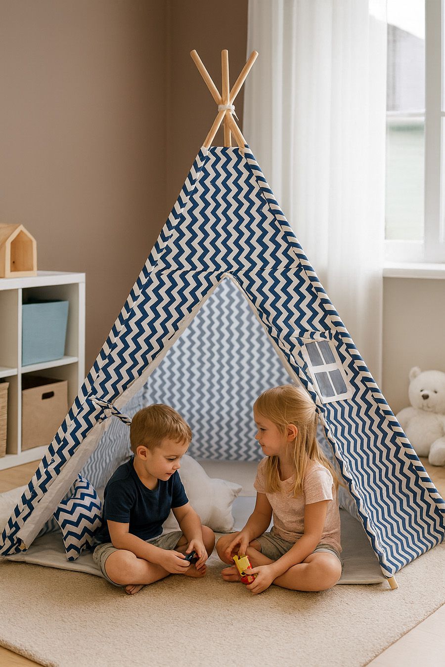 Teepee tent for kids + decorative feathers - Chevron navy blue