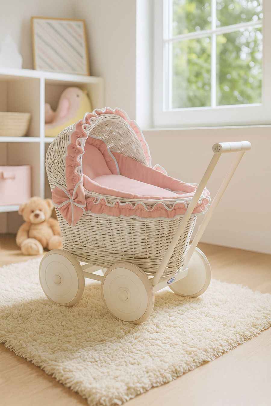 Wicker doll pushchairwhite  with bedding old rose and soft padding CHIARA